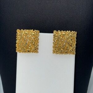 Gold tone square nugget statement bold classic pierced earrings designer vibes